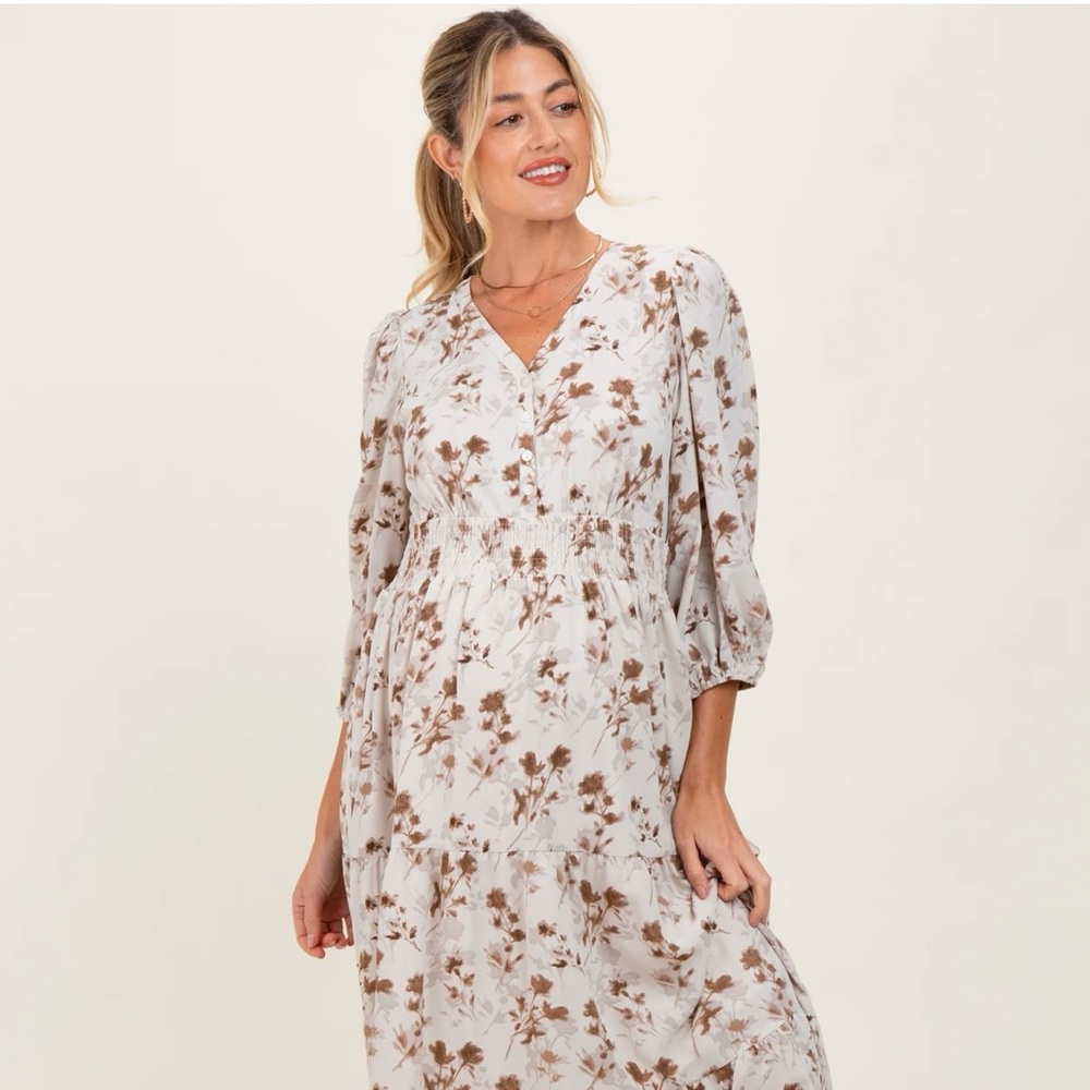 Cream Floral Button Front V-Neck Midi Dress
